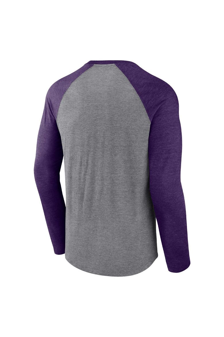 Men's Fanatics Branded Heathered Gray/Heathered Purple Baltimore Ravens Weekend Casual Raglan Long Sleeve T-Shirt, Alternate, color, Heather Gray