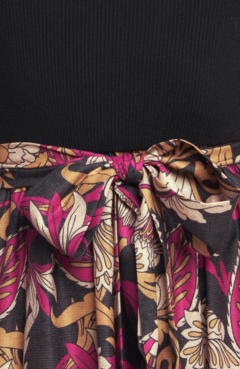 FLYING TOMATO Long Sleeve Mixed Media Fit & Flare Dress, Alternate, color, Black Magenta