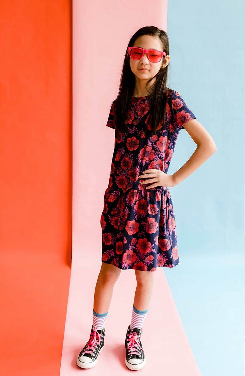 Mightly Organic Cotton Short Sleeve Drop Waist Tier Dress, Alternate, color, Navy