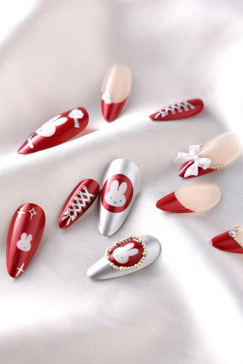 Miffy Burgundy Almond Press On Nails Cute Character Nail Art