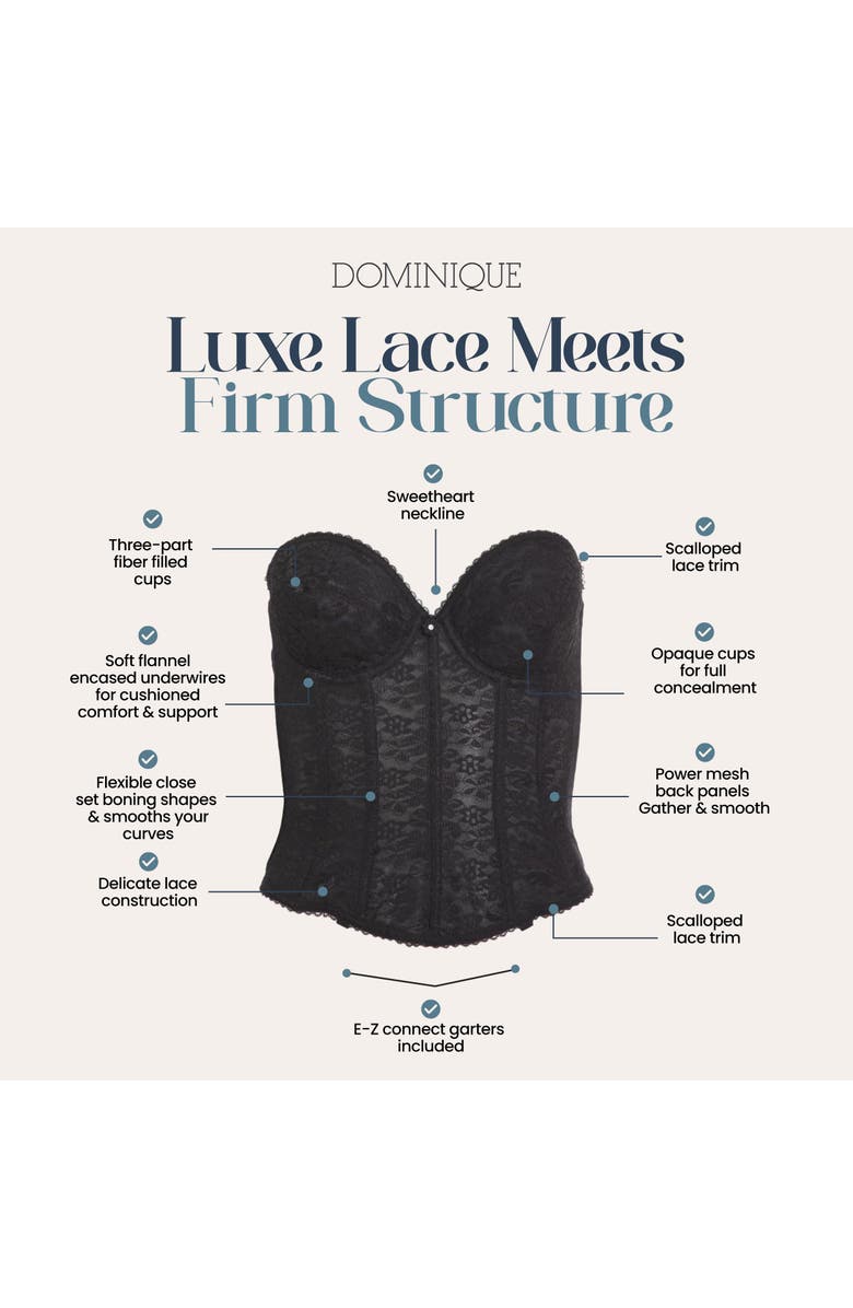 Dominique Intimates Annabel Strapless Lace Longline Bridal Bra with Detachable Garters, Alternate, color, Black
