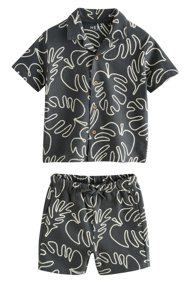 Kids' Palm Leaf Button-Up Shirt & Shorts Set, Main, color, BLACK
