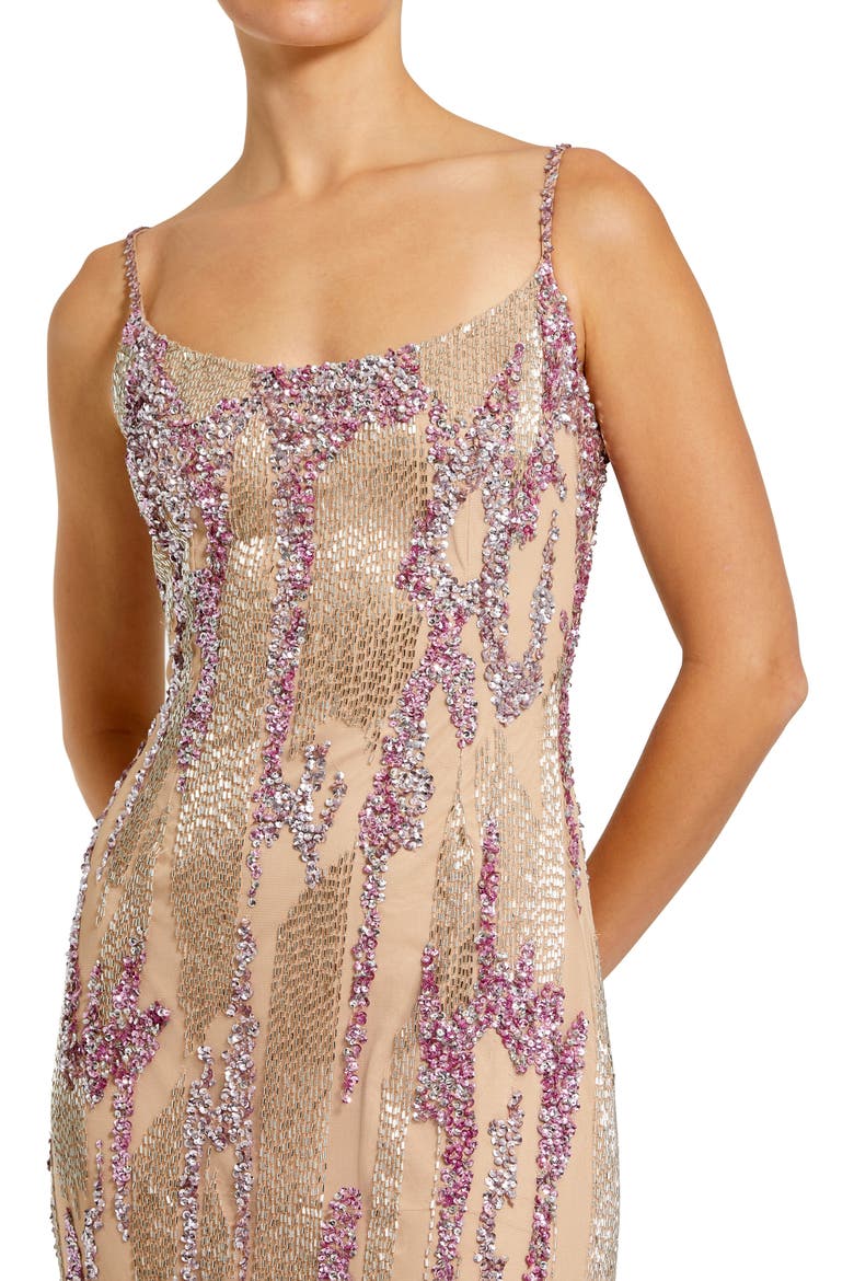 Thin Strap Sequin Mesh Column Gown, Alternate, color, Nude