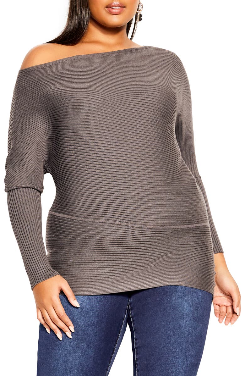 City Chic One-Shoulder Rib Sweater, Main, color,