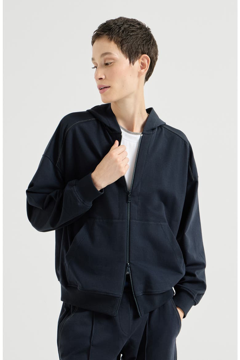 Stretch cotton lightweight French terry hooded sweatshirt with zipper and shiny trims, Main, color, Blue