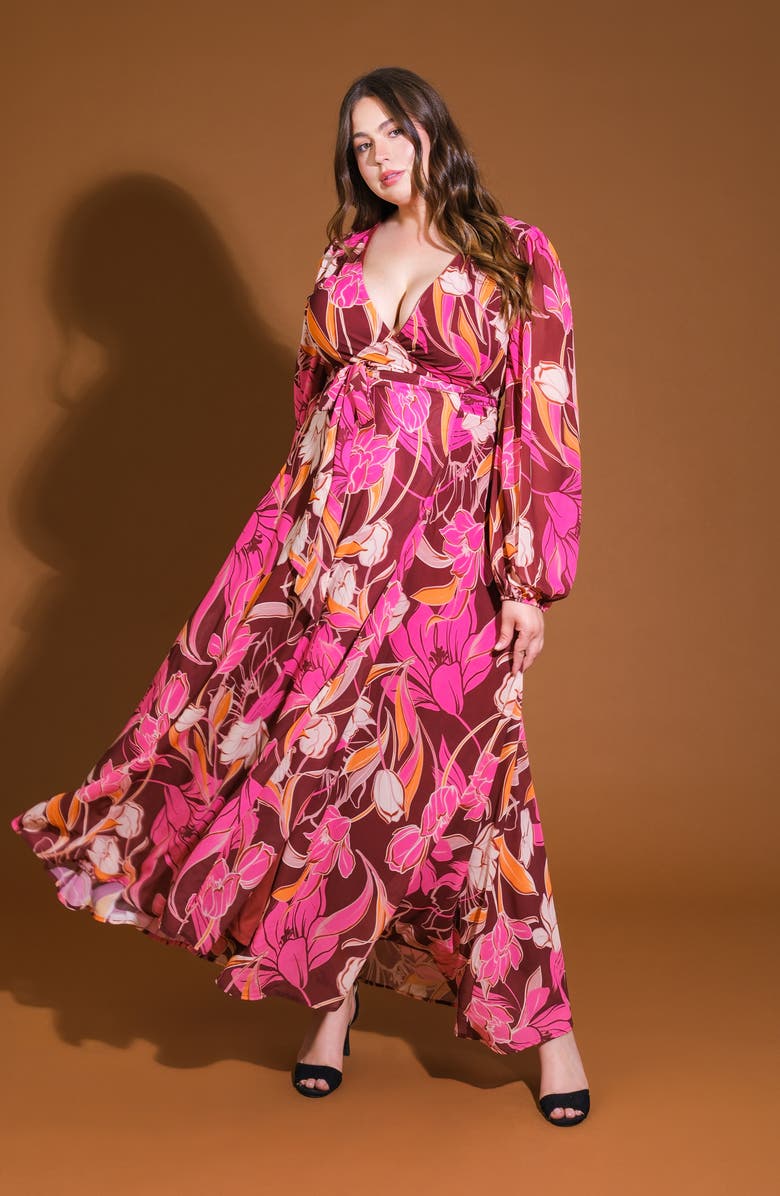 FLYING TOMATO Long Sleeve Tiered Maxi Wrap Dress, Alternate, color, Burgundy