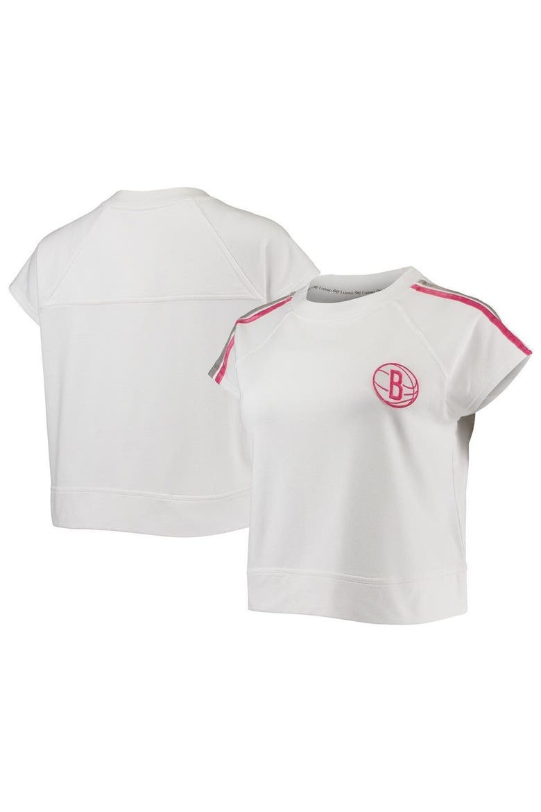Women's Lusso White Brooklyn Nets Margot Cropped Tri-Blend Cap Sleeve Sweatshirt, Alternate, color, White