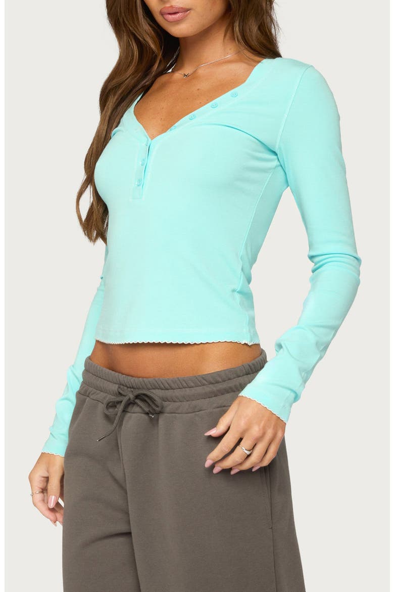 Yael Contrast Stitched Long Sleeve Henley Top, Alternate, color, TURQUOISE
