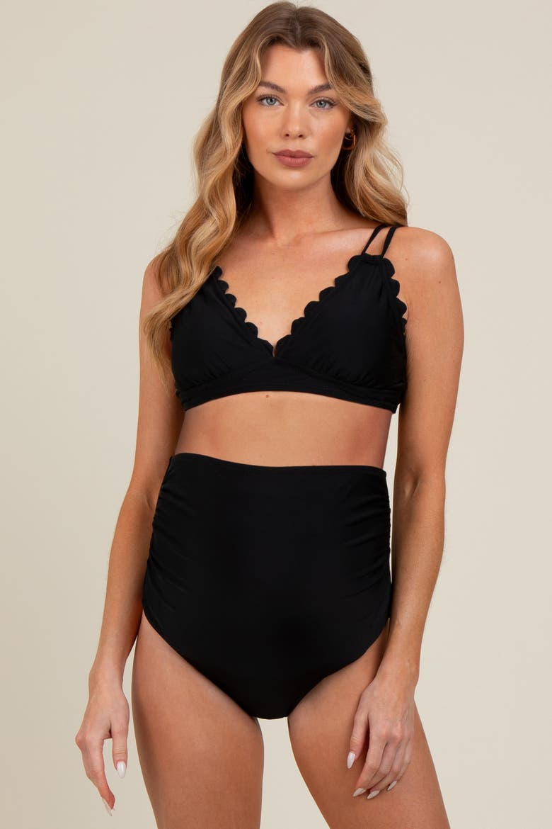 Scalloped V-Neck High Waist Two-Piece Swimsuit, Main, color, Black