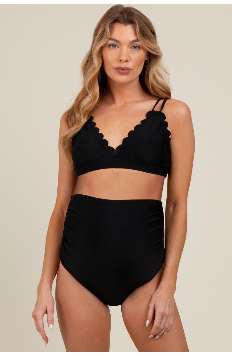 PinkBlush Scalloped V-Neck High Waist Two-Piece Swimsuit, Main, color, Black