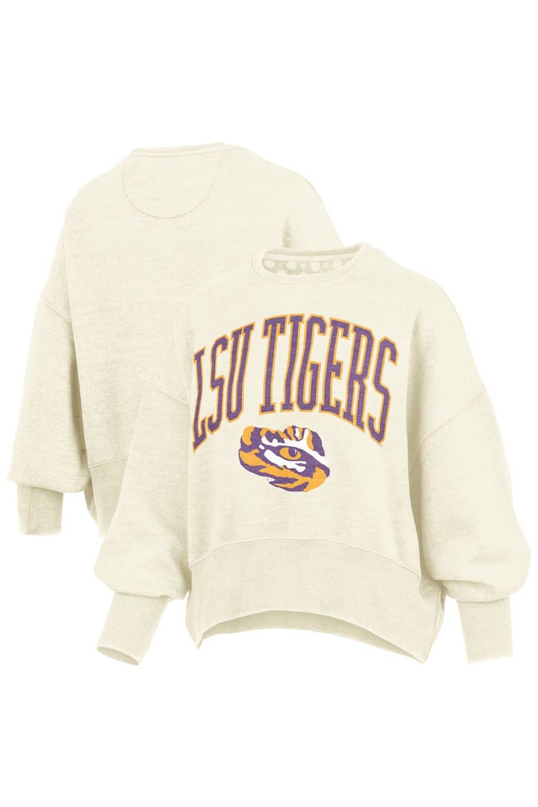 Women's Pressbox Natural LSU Tigers Oversized Waist-Length Crewneck Sweatshirt, Main, color, Natural