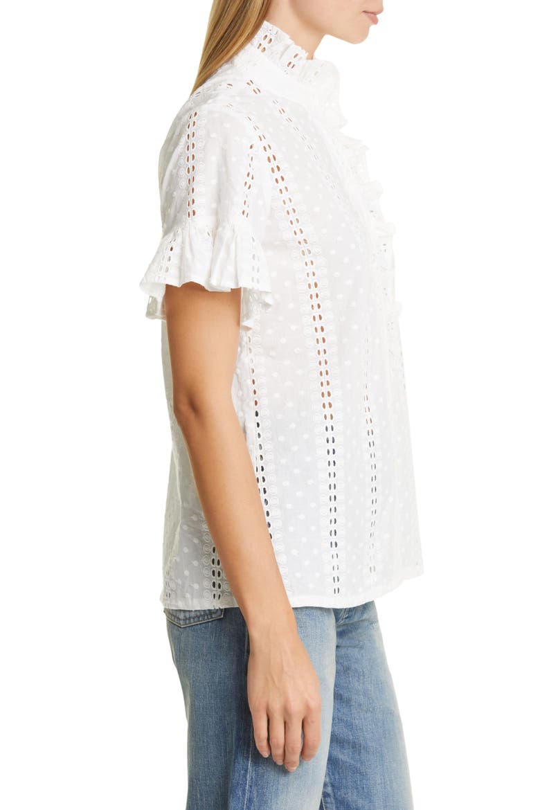 Vanessa Ruffle Detail Cotton Blouse, Alternate, color, PEARL POLKA DOT EYELET