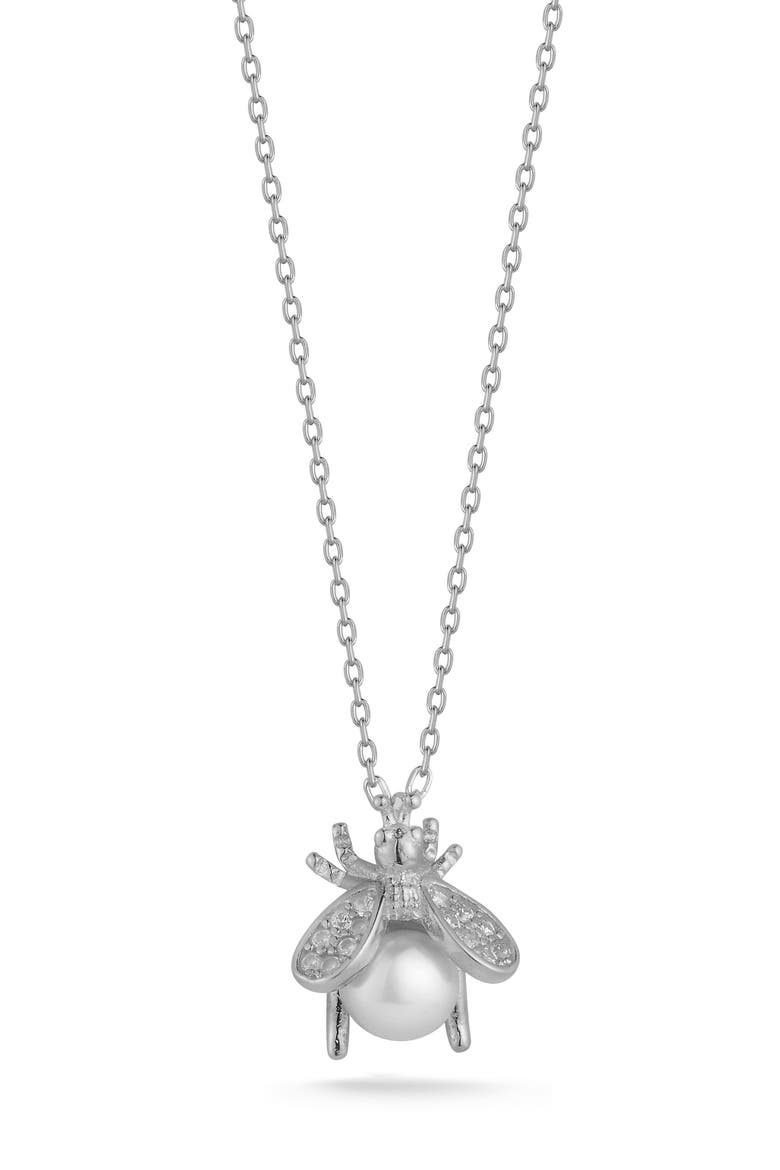 Bee Cubic Zirconia & Cultured Pearl Pendant Necklace, Main, color, SILVER/ PEARL