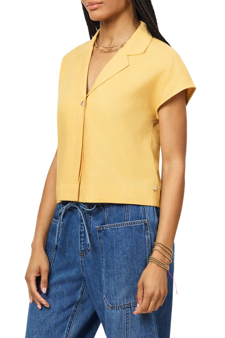 Short Sleeve Linen Blend Button-Up Top, Alternate, color, OCHRE