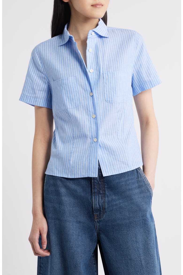 The Seaside Short Sleeve Linen & Cotton Button-Up Shirt, Main, color, OXFORD BLUE MULTI