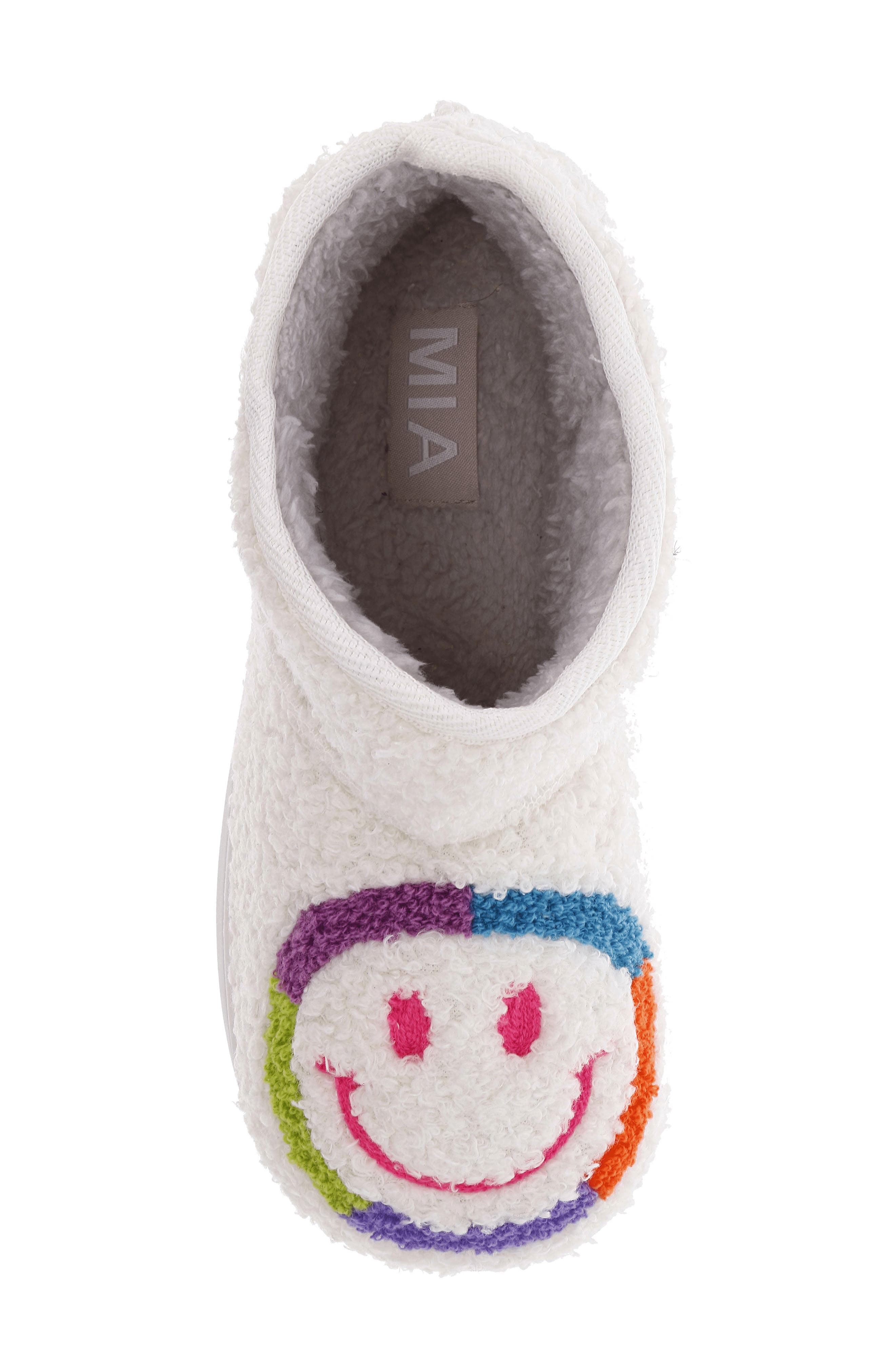 Chill Smiley Faux Shearling Bootie Slipper, Alternate, color, COLORFUL SMILEY