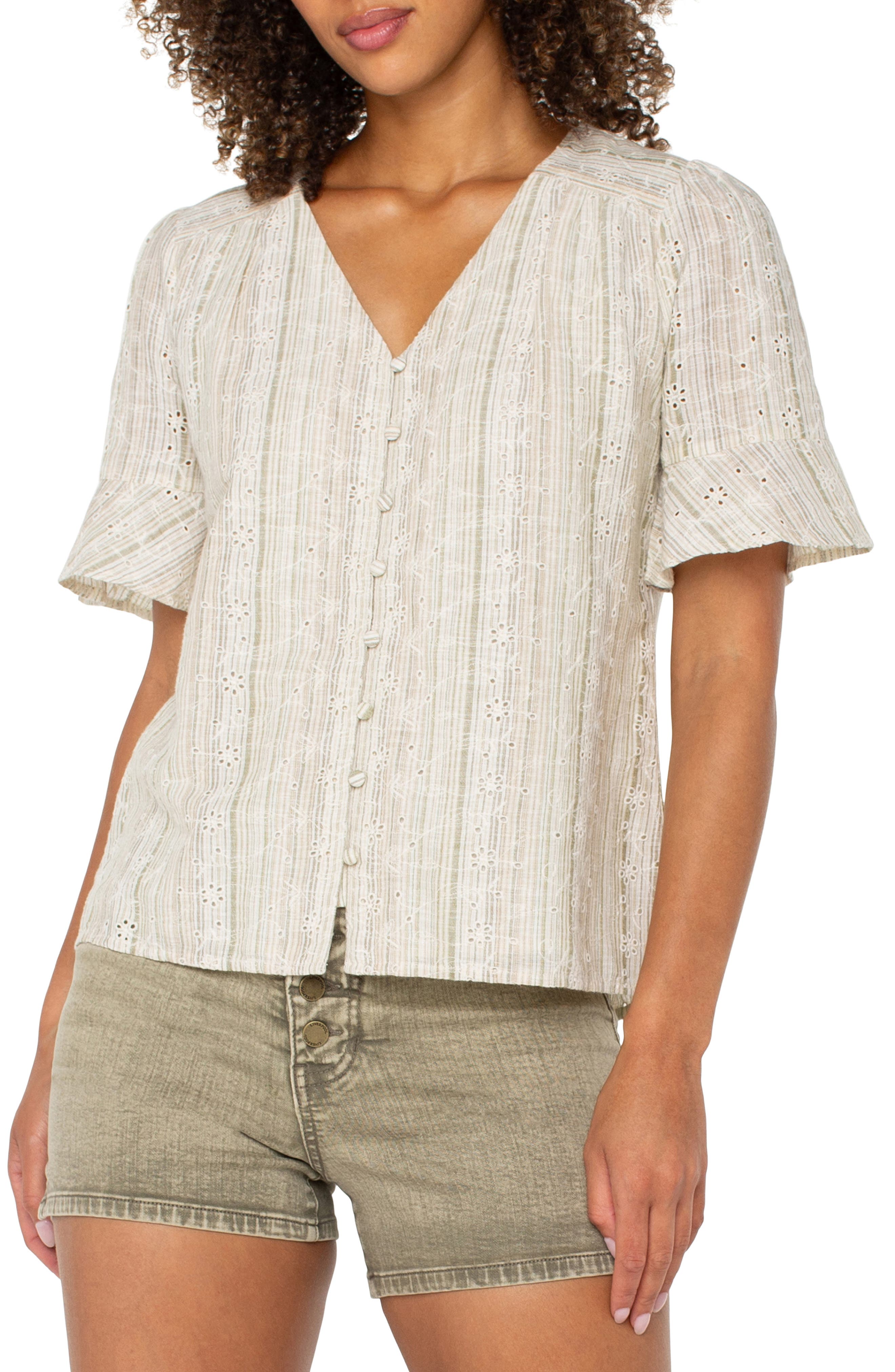 Liverpool Los Angeles Stripe Eyelet Short Sleeve Button-Up Shirt