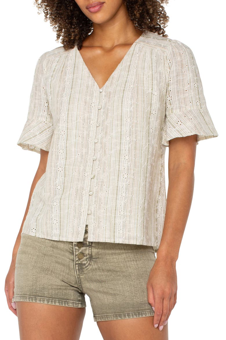 Stripe Eyelet Short Sleeve Button-Up Shirt, Main, color, GREEN/TAN STRIPE