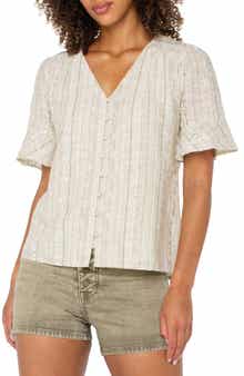 Liverpool Los Angeles Stripe Eyelet Short Sleeve Button-Up Shirt