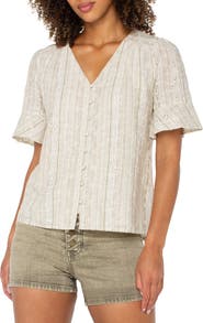 Liverpool Los Angeles Stripe Eyelet Short Sleeve Button-Up Shirt