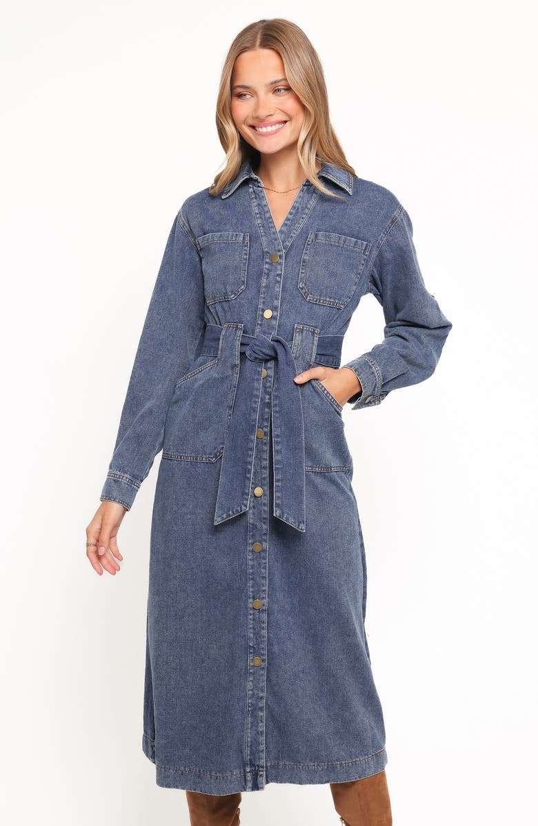 Petal & Pup Ballina Tie Waist Long Sleeve Denim Midi Dress, Alternate, color, Blue Denim