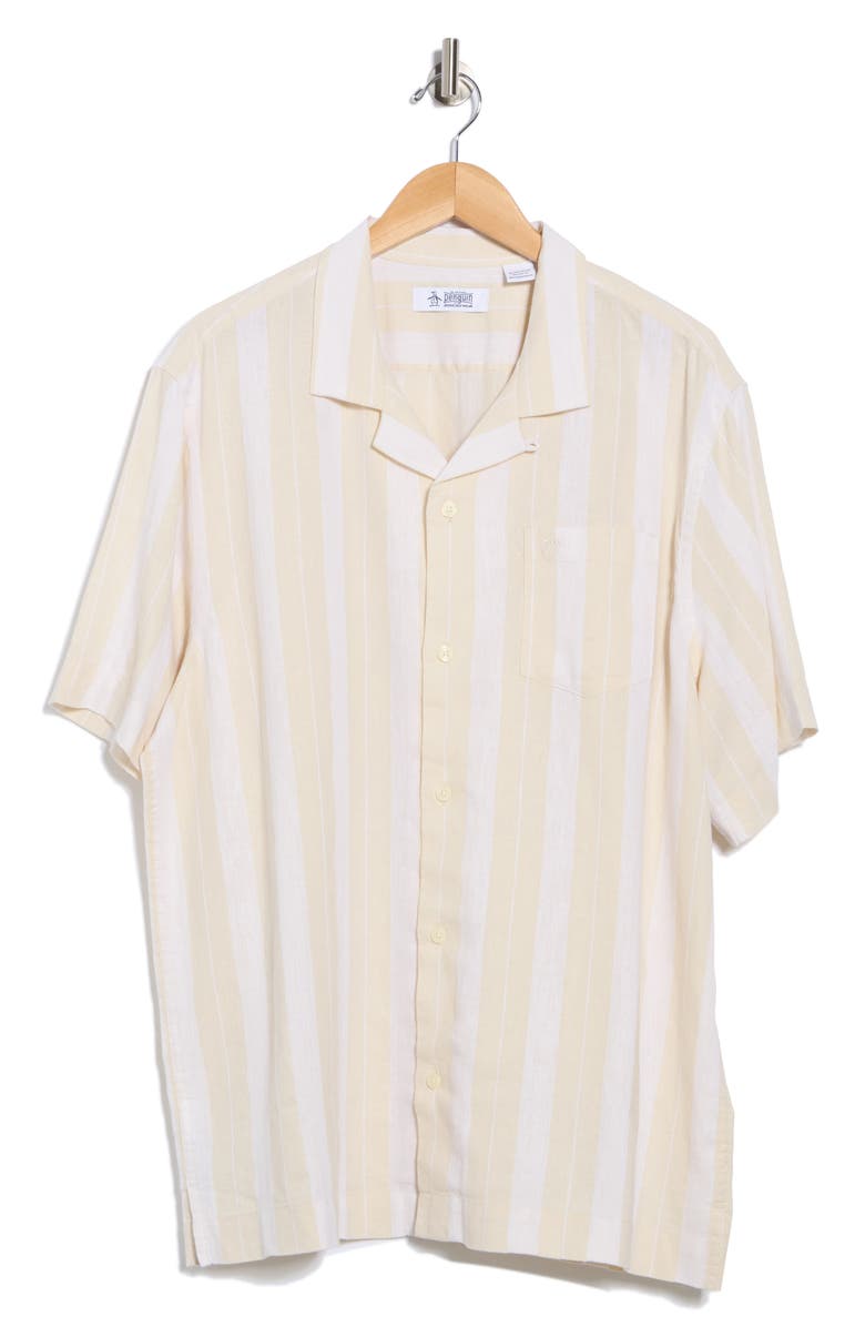 Original Penguin Vertical Stripe Linen & Cotton Camp Shirt, Alternate, color, Birch