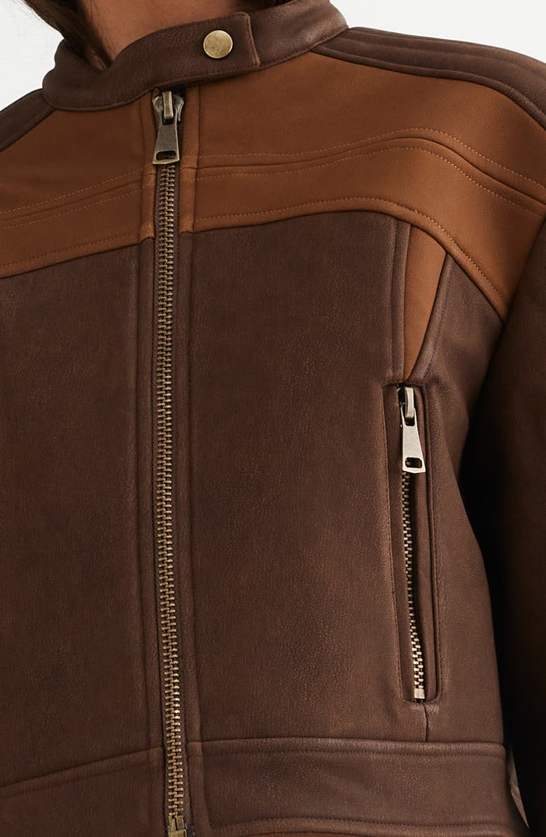 LIONESS Nueve Colorblock Faux Leather Biker Jacket, Alternate, color, Chocolate