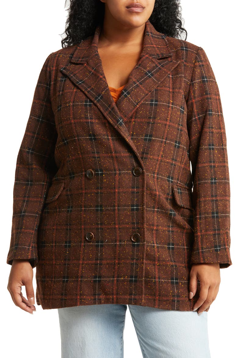Plaid Double Breasted Blazer Coat, Alternate, color, BROWN- BLACK DONEGAL