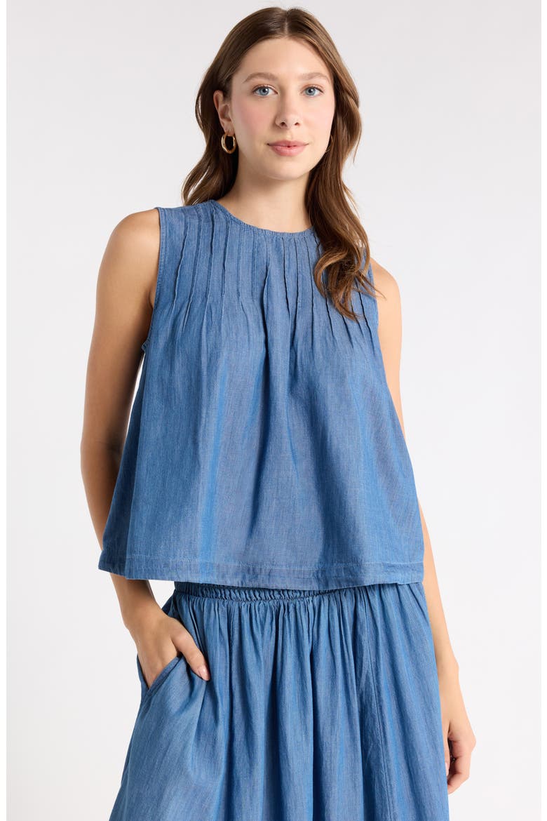 Pintuck Chambray Sleeveless Shell, Main, color, MEDIUM WASH