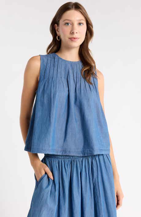 Pintuck Chambray Sleeveless Shell