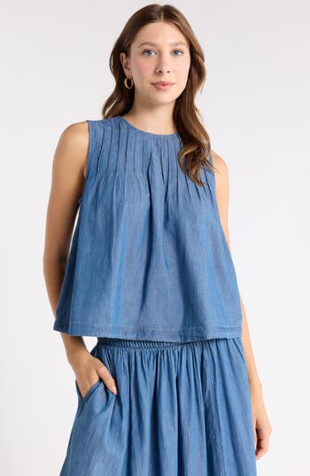 Melrose and Market Pintuck Chambray Sleeveless Shell in Medium Wash at Nordstrom Rack, Size X-Large