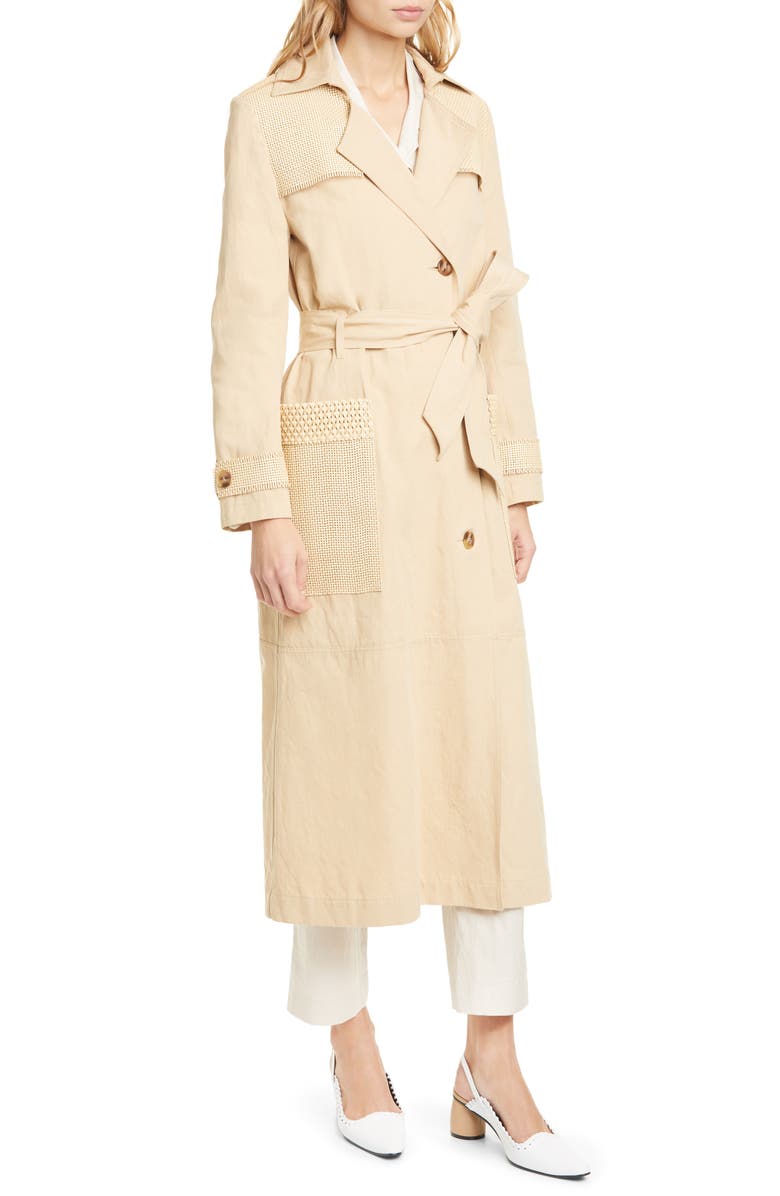 Nanushka Alex Vegan Leather Trim Cotton & Linen Trench Coat, Alternate, color,