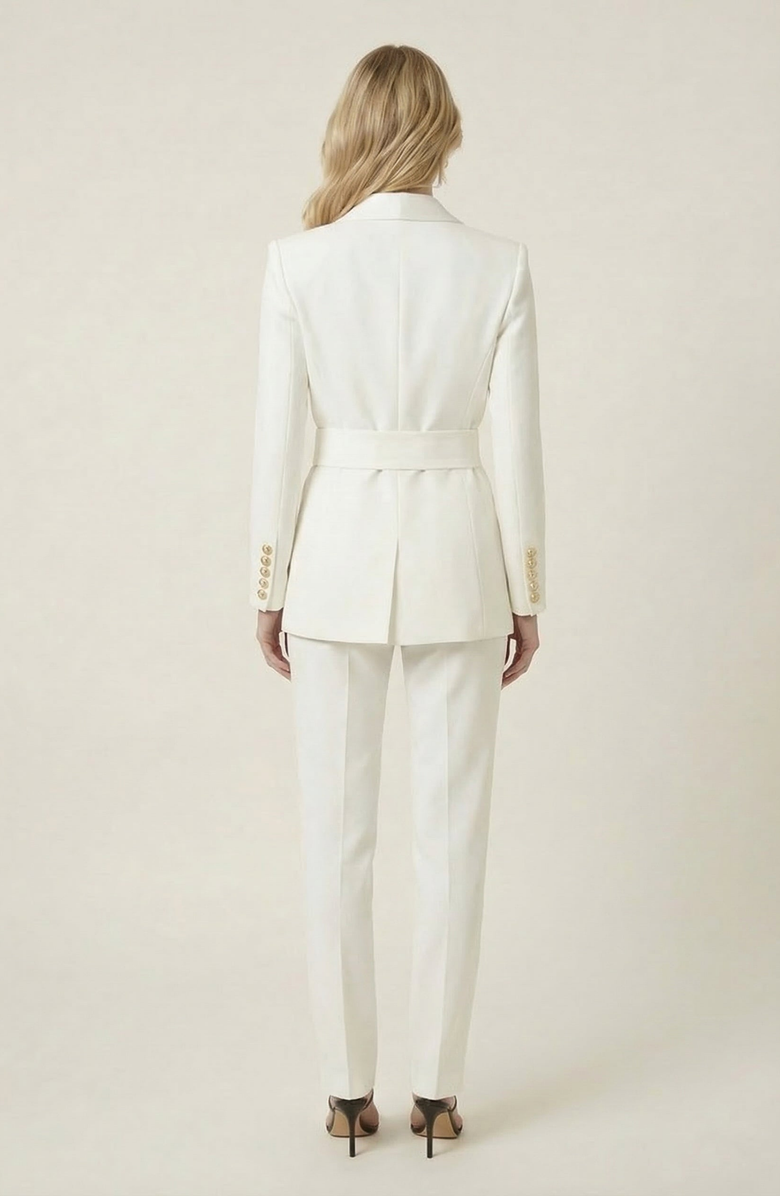 Modenaire Double Breasted Blazer with Buttons and Waist Tie Detail, Alternate, color, White