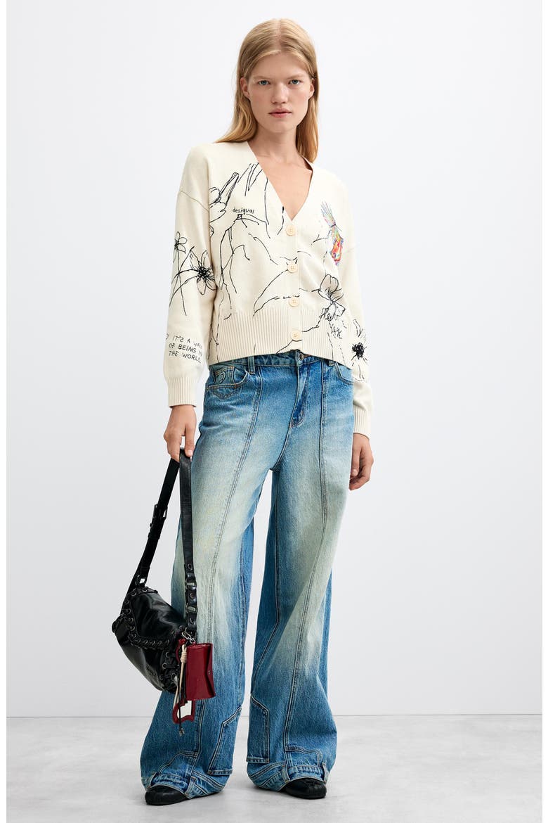 Bird Graphic Cotton Blend Cardigan, Alternate, color, OFF WHITE