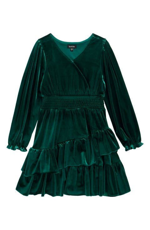 Kids' Velvet Ruffle Hem Surplice Dress