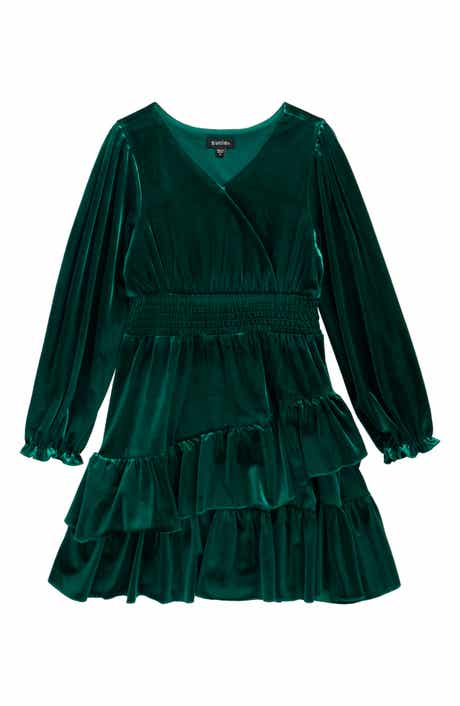 Kids' Velvet Ruffle Hem Surplice Dress
