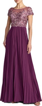Mac Duggal Embroidered Cap Sleeve Pleated Gown
