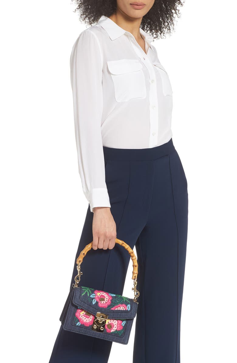 Miu Miu Denim Confidential Embroidered Top Handle Bag, Alternate, color,