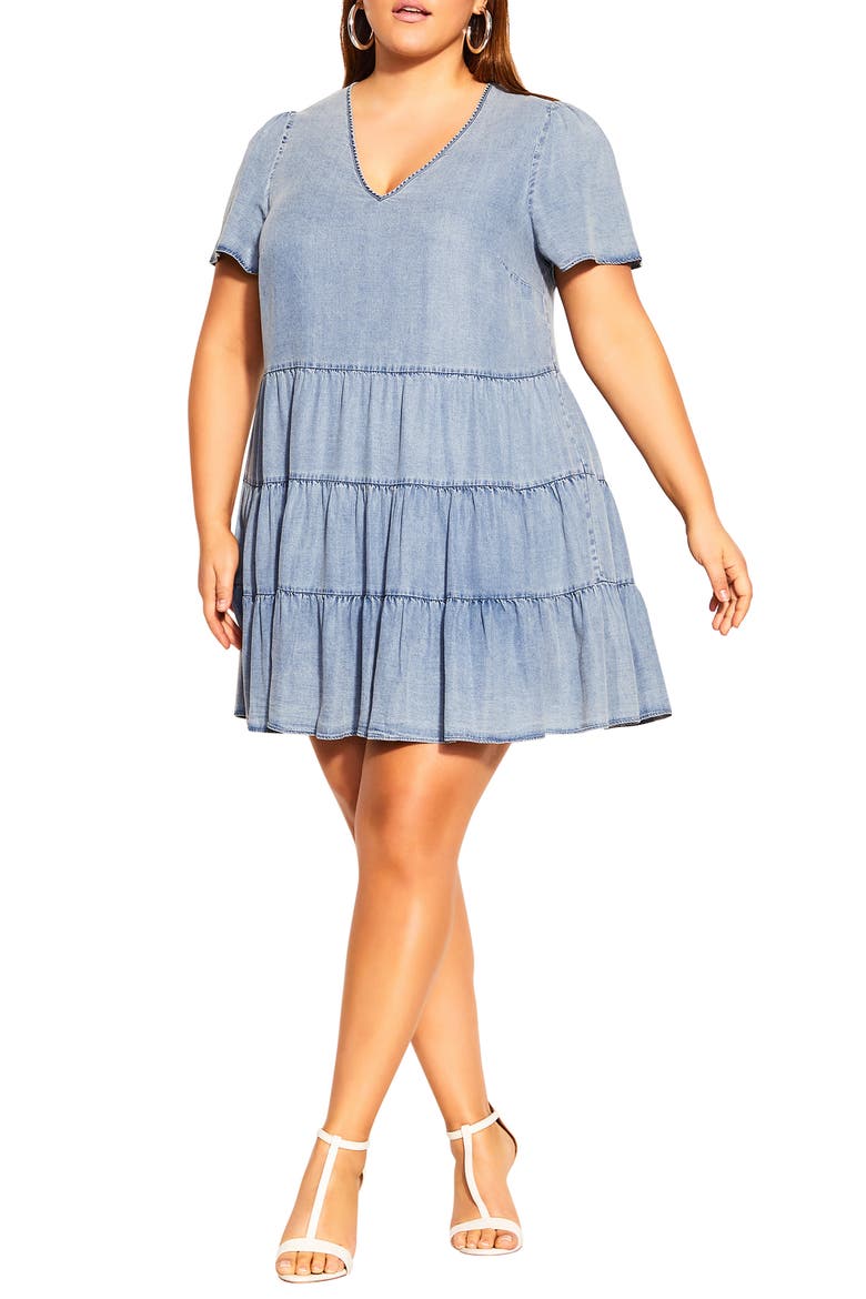 Tiered Denim Minidress, Main, color, LIGHT DENIM
