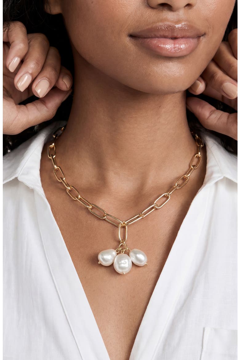 Triple Faux Pearl Pendant Necklace, Alternate, color, GOLD