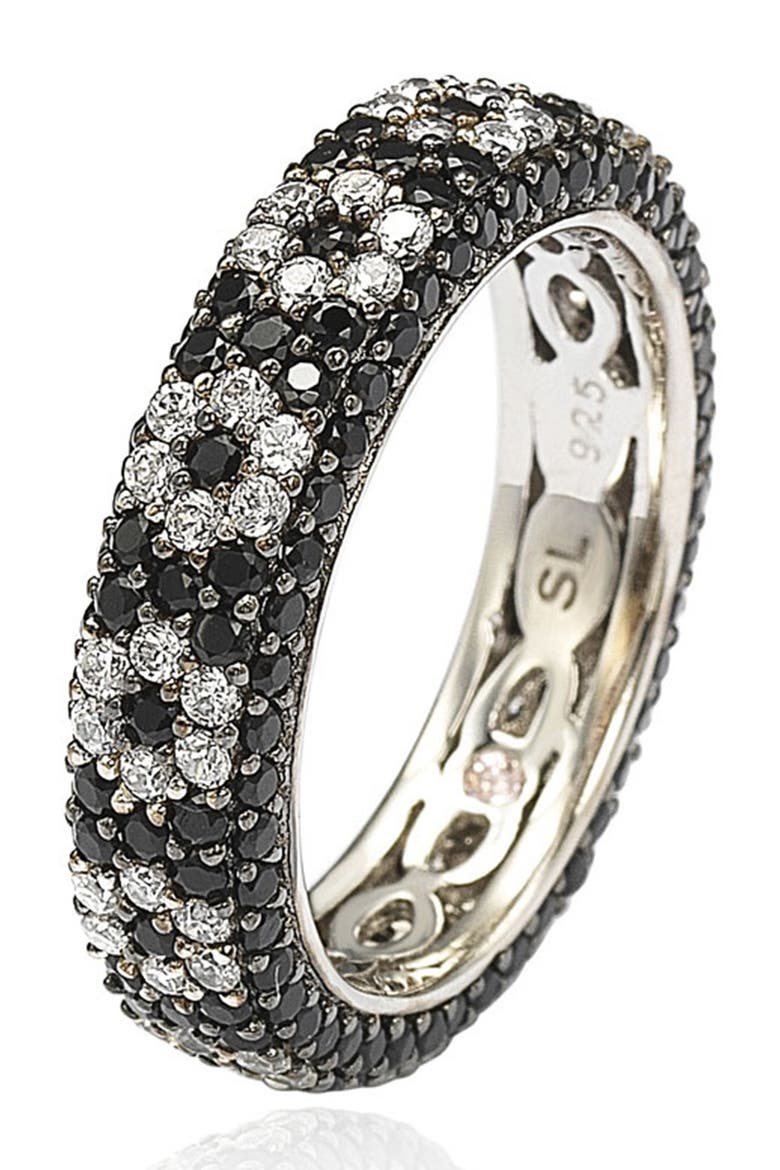 Sterling Silver Black & White Cubic Zirconia Flower Eternity Band Ring, Alternate, color, BLACK