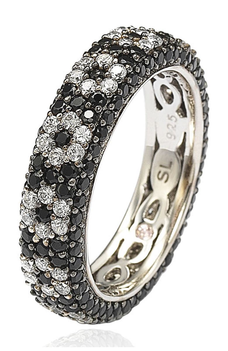 SUZY LEVIAN Sterling Silver Black & White Cubic Zirconia Flower Eternity Band Ring, Alternate, color, Black
