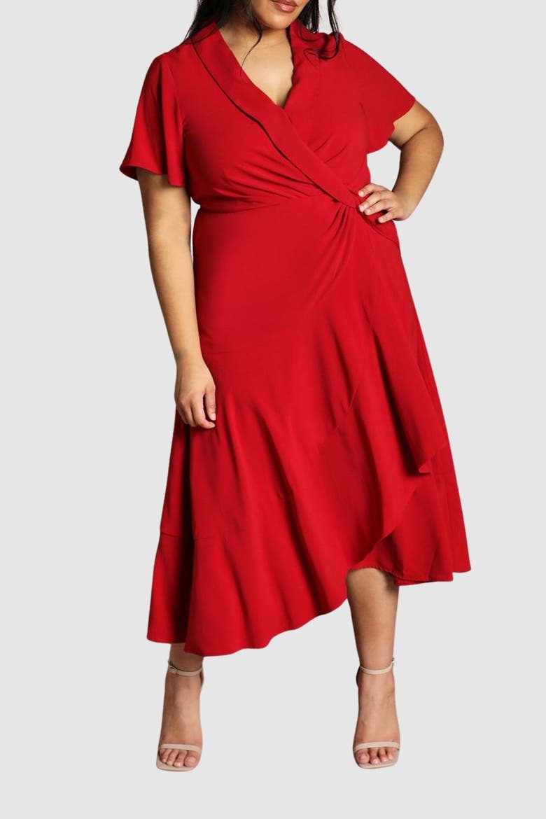 Plus Twist Wrap Waist Midi Dress, Alternate, color, Berry