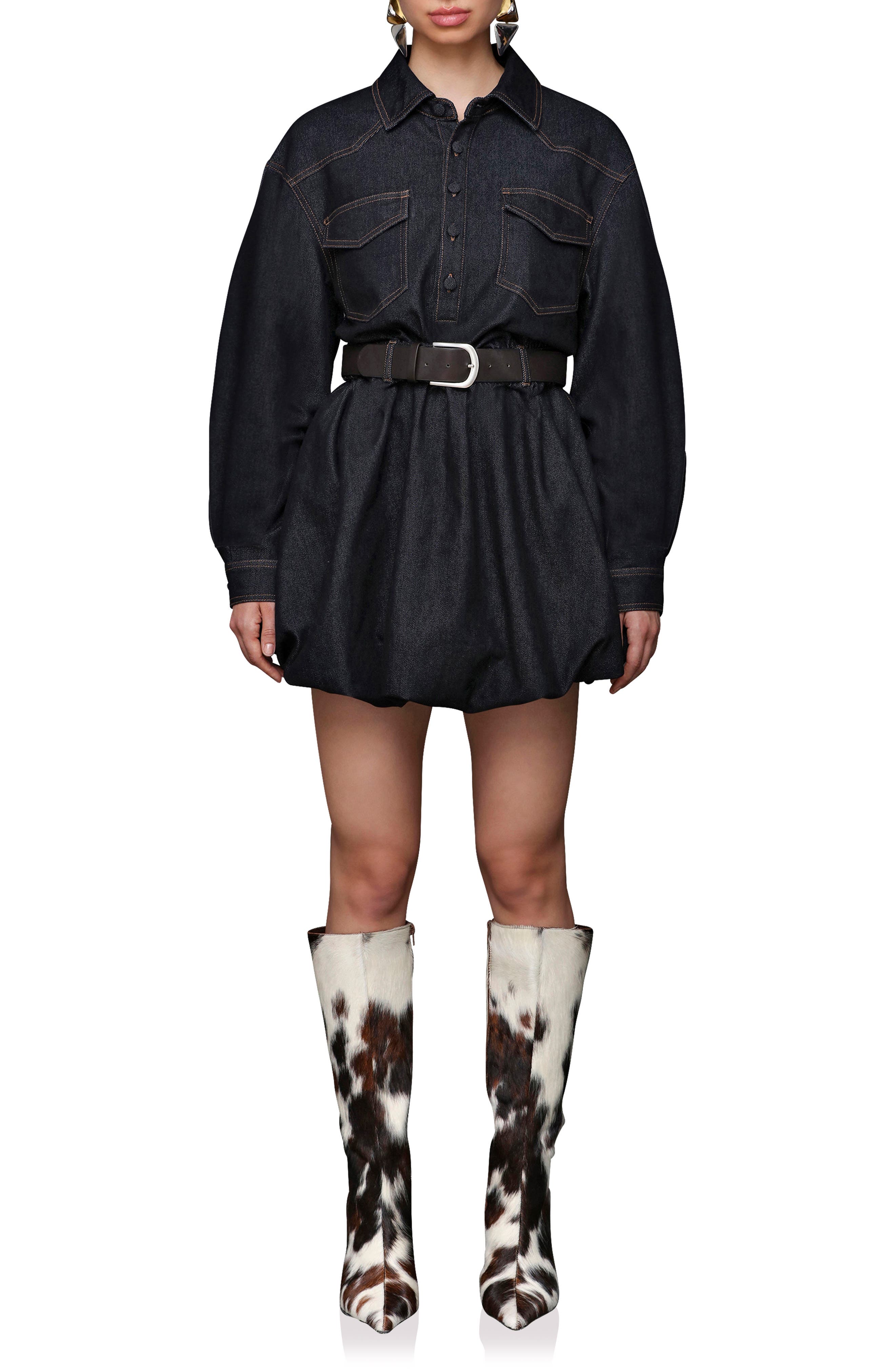 Long Sleeve Bubble Hem Denim Mini Shirtdress
