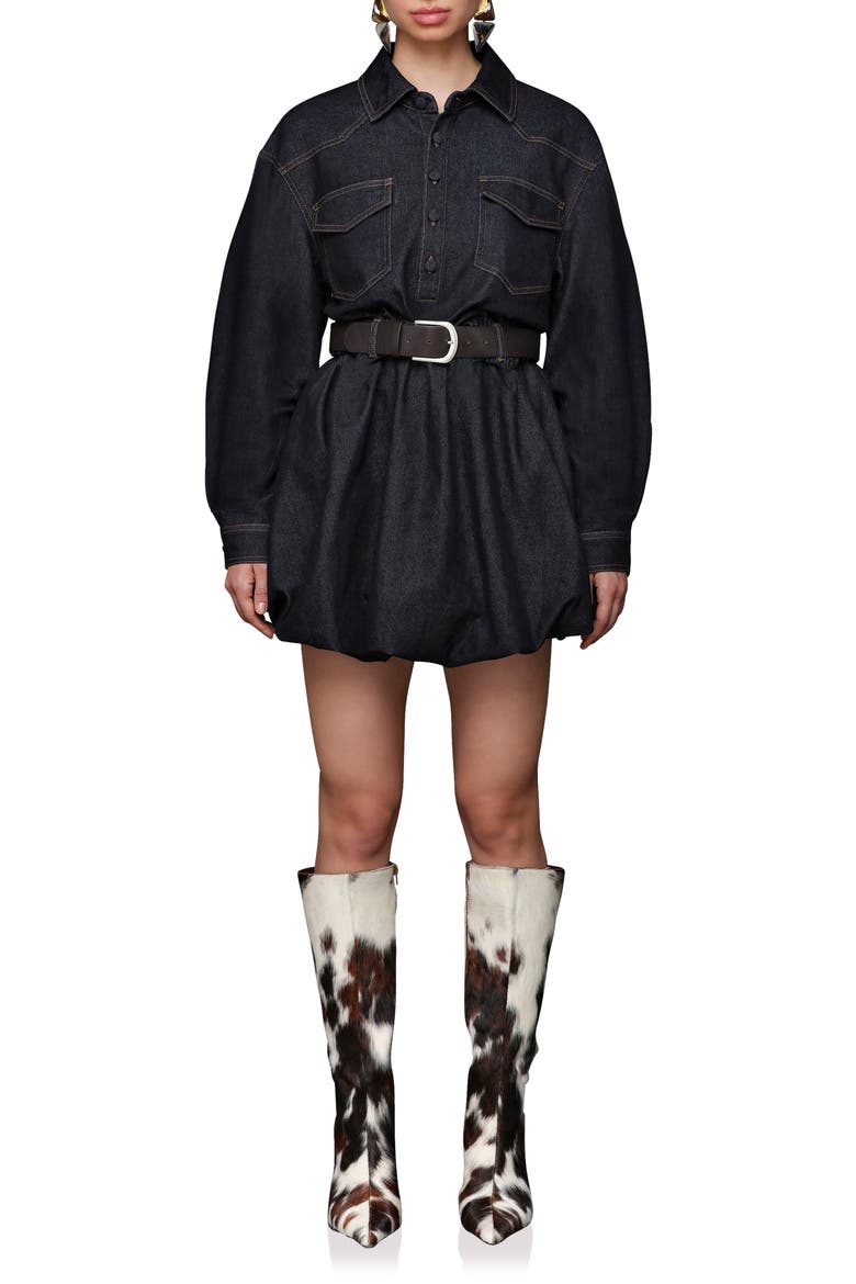 Long Sleeve Bubble Hem Denim Mini Shirtdress, Main, color, DARK RINSE