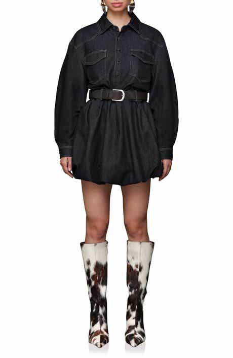 Long Sleeve Bubble Hem Denim Mini Shirtdress