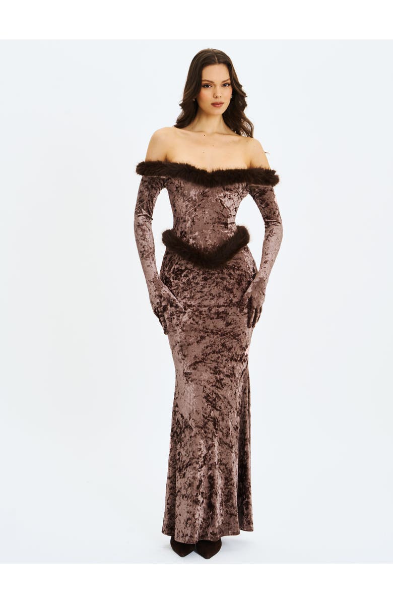 Miss Circle Tessa Sweetheart Bardot Faux Fur Velvet Mermaid Maxi Dress, Alternate, color, Coffee