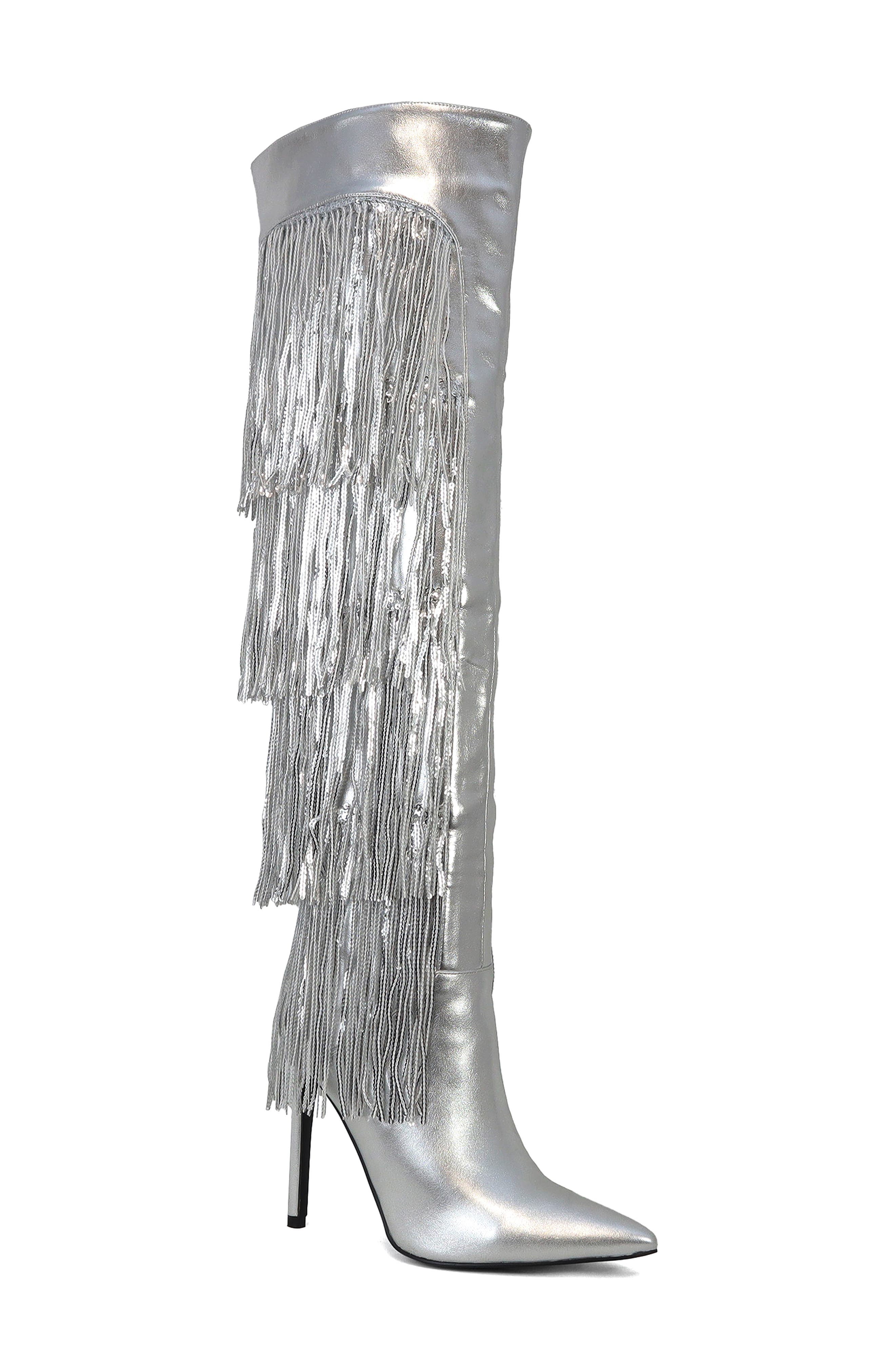 YOKI Nayla Sequin Fringe Knee High Boot