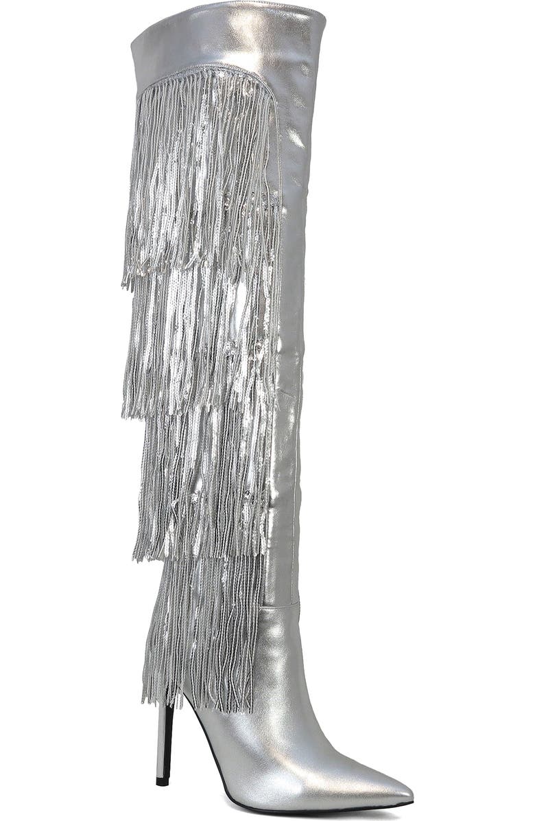 YOKI Nayla Sequin Fringe Knee High Boot, Main, color, Silver