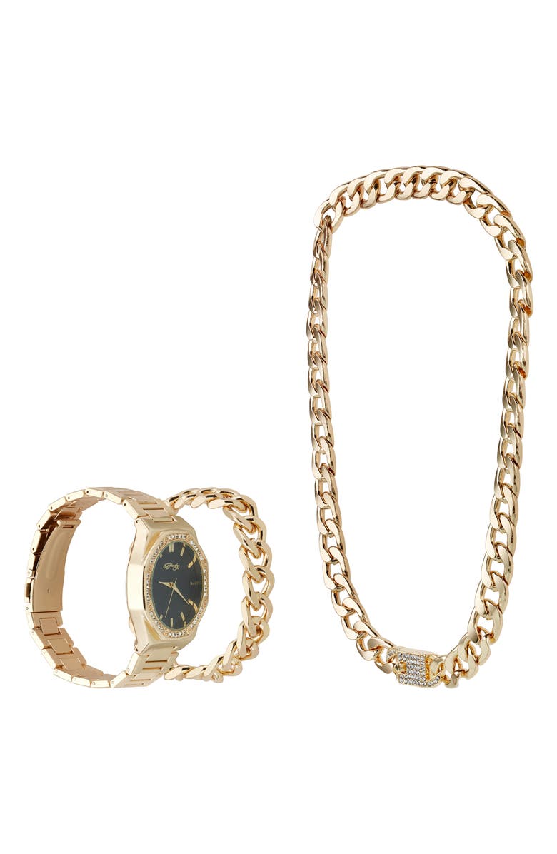 Ed Hardy Crystal Pavé Quartz Bracelet Watch, Rolo Chain Bracelet & Necklace Set, Alternate, color, Gold